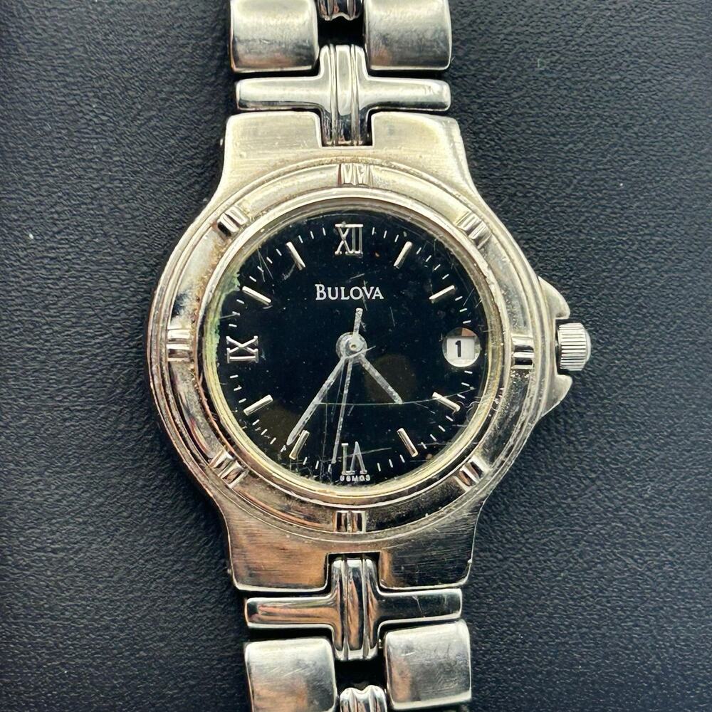 Women’s Bulova Silver-tone Black Dial Quartz Watch Working New Battery